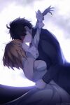  1boy 1girl absurdres ahoge archetype_earth archetype_earth_(cosplay) arcueid_brunestud black_hair breasts closed_eyes cosplay couple covered_eyes detached_sleeves dress hand_around_waist highres hug huge_breasts imminent_kiss jacket large_breasts moon night official_alternate_costume satsujinki short_hair tohno_shiki tsukihime tsukihime_(remake) type-moon user_zcvc7734 white_dress 