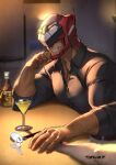  1boy 1other arm_hair artist_name bara black_shirt brandy cocktail cocktail_glass collared_shirt commentary_request copyright_request cup dai-xt drinking_glass helmet jewelry key live_a_hero restaurant ring scar scar_on_face shirt smile victom_(live_a_hero) 