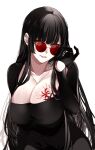  1girl black_dress black_gloves black_hair blunt_bangs breast_tattoo breasts cleavage collarbone commentary_request cowboy_shot dress glasses gloves hand_up highres hime_cut jewelry jia_xiao large_breasts long_hair long_sidelocks long_sleeves looking_at_viewer mole mole_under_mouth necklace open_mouth original red_eyes ring round_eyewear sidelocks signature simple_background smile solo tattoo very_long_hair white_background 