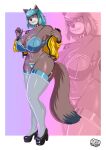  absurd_res anthro big_breasts blue_hair breasts canid canine clothed clothing fan_character female footwear fox garter_belt garter_straps hair hi_res high_heels huge_breasts legwear lingerie long_tail looking_at_viewer madbrainarts mammal open_clothing solo thick_thighs underwear 