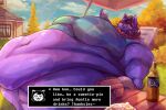 anthro beach_chair belly beverage beverage_bottle big_belly big_breasts blush breasts catty_(undertale) deltarune dialogue_box domestic_cat english_text fangs fat_arms fat_rolls felid feline felis female flower_necklace fur hair hi_res holding_beverage holding_object huge_belly huge_breasts looking_at_viewer love_handles lying mammal morbidly_obese morbidly_obese_anthro morbidly_obese_female navel obese obese_anthro obese_female on_back outside overweight overweight_anthro overweight_female purple_body purple_fur purple_hair saltypantz smile solo teeth text undertale_(series) yellow_sclera