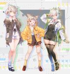  3girls animal_ears bare_shoulders black_jacket black_overalls black_shorts black_thighhighs cat_ears cat_girl character_request full_body grey_hair group_picture highres hood hood_down hoodie in-franchise_crossover jacket mio_(xenoblade) multiple_girls nia_(xenoblade) open_clothes open_jacket overall_shorts overalls short_hair shorts simple_background thighhighs ui_frara white_background white_hoodie white_shorts xenoblade_chronicles_(series) xenoblade_chronicles_2 xenoblade_chronicles_3 yellow_eyes yellow_jacket 
