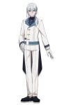  1boy anime_coloring blue_eyes blue_shirt closed_mouth cyril_ashley full_body gloves hand_on_own_hip highres jacket long_hair long_sleeves looking_at_viewer low_ponytail nitanda_cona official_art pants ponytail school_uniform shirt silent_witch simple_background solo standing transparent_background tsurime white_gloves white_hair white_jacket white_pants 