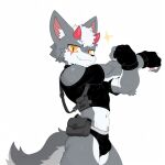  anthro bag bulge canid canine clothing cropped_topwear fingerless_gloves gloves handwear horn male mammal ruvan ruvan_(artist) simple_background solo underwear white_background 