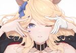  1girl absurdres animal_ears black_choker black_jacket blonde_hair blue_bow blue_eyes blush bow chahiro chain choker commentary_request ear_bow fingernails gloves gold_city_(umamusume) half_gloves highres horse_ears horse_girl jacket long_hair long_sleeves looking_at_viewer nail_polish one_eye_closed pendant_choker sidelocks simple_background single_glove single_half_glove smile solo textless_version umamusume upper_body white_background white_gloves 