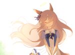  1girl animal_ears blush bow bowtie brown_hair closed_eyes closed_mouth ear_bow ear_ornament ear_ribbon grass_wonder_(umamusume) halo highres horse_ears horse_girl horse_tail long_hair multicolored_hair pleated_skirt puffy_short_sleeves puffy_sleeves purple_bow purple_bowtie purple_serafuku purple_shirt purple_skirt sailor_collar sailor_shirt school_uniform serafuku shibedraws shirt short_sleeves simple_background skirt smile solo tail tracen_school_uniform umamusume white_hair white_sailor_collar white_skirt 