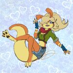  &lt;3 abstract_background anthro blonde_hair blue_eyes clothing digital_media_(artwork) female fingerless_gloves frozen-fortune fur gesture gloves hair handwear jak_and_daxter mammal mustelid naughty_dog orange_body orange_fur ottsel pawpads paws scarf semi-anthro smile solo sony_corporation sony_interactive_entertainment tess_(jak_and_daxter) video_games waving waving_at_viewer 