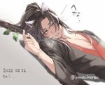  1boy animal_ears bishounen black_hair black_hanfu blurry blurry_foreground blush breath cat_boy cat_ears chinese_clothes collarbone dated depth_of_field food fruit grey_eyes hair_ribbon hanfu high_ponytail kemonomimi_mode koma_horen long_hair long_sleeves looking_at_viewer lying male_focus modao_zushi on_back parted_bangs parted_lips pectoral_cleavage pectorals ponytail red_ribbon ribbon robe saliva sidelocks simple_background solo sweat twitter_username upper_body wei_wuxian white_background wide_sleeves 