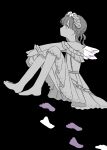  1girl absurdres angel_wings artist_request barefoot black_background commentary_request dress flower_wreath footprints fukumaru_koito greyscale highres idolmaster idolmaster_shiny_colors knees_up monochrome sitting solo twintails wings 