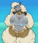  absurd_res anthro bell big_breasts bodily_fluids bottomwear bovid breasts caprine choker clothing curvy_figure eyewear female fur glasses hi_res jewelry mammal necklace sheep shorts snakedakyoot solo sweat translucent translucent_clothing voluptuous wet wool_(fur) 