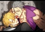  2boys bakshi_christensen bare_shoulders black_jacket blonde_hair blood blood_on_face collarbone collared_jacket collared_shirt dagger ear_piercing earrings fangs fingernails giancarlo_bourbon_del_monte grey_eyes grey_hair hair_between_eyes highres holding holding_another&#039;s_wrist holding_dagger holding_knife holding_weapon jacket jewelry knife letterboxed licking licking_another&#039;s_face licking_blood looking_at_viewer lucky_dog_1 male_focus miyamoyan multiple_boys muscular muscular_male neck_tattoo open_clothes open_jacket open_mouth piercing purple_jacket sharp_fingernails shirt short_hair sleeveless sleeveless_jacket striped_clothes striped_shirt sweat tattoo tongue tongue_out tongue_piercing upper_body vertical-striped_clothes vertical-striped_shirt weapon yaoi yellow_eyes yellow_shirt 