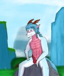  accessory anthro antlers asian_mythology blue_body blurred_background blush dragon east_asian_mythology eastern_dragon erection fur furry_tail genitals hair_accessory hi_res horn male mountain mythology nude penis scales sitting solo yaniks34 