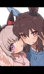  2girls :p absurdres admire_vega_(umamusume) animal_ears blue_sweater blush bow brown_hair casual collarbone commentary curren_chan_(umamusume) ear_bow ear_covers floral_print grey_hair hair_between_eyes heads_together heart_pendant highres horse_ears horse_girl jin_(jinkwon1147) letterboxed long_sleeves looking_at_viewer medium_hair multiple_girls one_eye_closed outstretched_arm pink_eyes pink_sweater print_sweater purple_eyes reaching reaching_towards_viewer red_bow selfie short_hair side-by-side simple_background single_ear_cover star_pendant sweatdrop sweater tongue tongue_out umamusume upper_body v white_background 