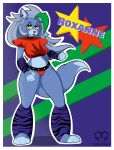 animatronic anthro armwear barefoot belt big_breasts black_nose blue_body blue_fur border bottomwear bracelet breasts camel_toe canid canine canis cheek_tuft clothed clothing collar colored_nails dipstick_tail ear_piercing facial_markings facial_tuft feet female five_nights_at_freddy&#039;s five_nights_at_freddy&#039;s:_security_breach front_view fur green_highlights green_nails grey_hair hair head_markings hi_res highlights_(coloring) jewelry legwear lipstick long_hair machine makeup mammal markings nails navel nipple_outline pattern_armwear pattern_clothing pattern_legwear piercing purple_armwear purple_background purple_body purple_clothing purple_fur purple_legwear purple_lipstick red_bottomwear red_clothing red_topwear robot roxanne_wolf scottgames shoulder_pads simple_background solo steel_wool_studios striped_armwear striped_clothing striped_legwear stripes studded_belt studded_bracelet studded_collar studded_jewelry studs tail tail_markings text thick_thighs topwear tuft white_border wide_hips wolf yellow_eyes zhenai