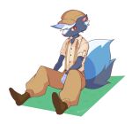  animal_crossing anthro artist_name biped black_body black_fur boots bottomwear brown_boots brown_bottomwear brown_clothing brown_footwear brown_hat brown_headwear brown_pants clothed clothed_anthro clothed_male clothing collared_shirt digital_media_(artwork) dress_shirt fluffy fluffy_tail footwear fur grass hair harukaze110 hat headgear headwear kicks_(animal_crossing) male male_anthro mammal mephitid newsboy_cap nintendo pants plant red_eyes shirt shoes simple_background sitting skunk solo suspenders tail tan_dress_shirt text topwear white_background white_body white_fur white_hair 