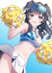  1girl animal_ears bangs bare_shoulders black_hair blue_archive blue_eyes blush breasts cheerleader crop_top dog_ears dog_girl dog_tail goggles goggles_on_head halo hibiki_(blue_archive) hibiki_(cheerleader)_(blue_archive) highres long_hair looking_at_viewer navel official_alternate_costume pom_pom_(cheerleading) purple_eyes skirt solo tail tamariyazuna 