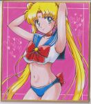  1girl adapted_costume armpits arms_behind_head back_bow bishoujo_senshi_sailor_moon blonde_hair blue_eyes blue_sailor_collar bow bowtie bra breasts choker cleavage collarbone crescent crescent_earrings crescent_facial_mark earrings facial_mark highres jewelry long_hair looking_at_viewer midriff navel panties pink_background red_bow red_bowtie red_choker sailor_collar sailor_moon sailor_moon_narikiri_bra_set sailor_senshi_uniform smile solo transformation_brooch_(sailor_moon) tsukino_usagi underwear underwear_only unofficial_sailor_senshi_uniform user_kztc4472 