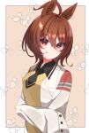  1girl :p agnes_tachyon_(umamusume) ahoge animal_ears astroglia_cyte black_necktie black_shirt border brown_hair buttons collared_shirt hair_between_eyes head_tilt highres horse_ears horse_girl lab_coat lapels light_blush looking_at_viewer looking_to_the_side medium_hair messy_hair necktie outside_border red_eyes shirt short_necktie sidelocks sleeves_past_fingers sleeves_past_wrists solo sweater_vest tongue tongue_out umamusume upper_body white_border yellow_sweater_vest 