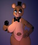 animatronic anthro bear big_breasts blue_eyes bored bow_tie breasts brown_body brown_nipples clothing crossgender electronics eyebrows eyelashes female fingers five_nights_at_freddy&#039;s freckles freddy_(fnaf) glistening_eyelids grey_background hand_on_hip hat headgear headwear holding_microphone holding_object lidded_eyes machine mammal microphone mtf_crossgender nipples robot robot_anthro scottgames simple_background solo thick_thighs top_hat ursine zhenai