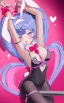  1girl absurdres animal_ear_hairband animal_ears armpits arms_up bare_arms bare_shoulders black_leotard black_pantyhose blue_eyes blue_hair blush bow bowtie card closed_mouth covered_navel cuffs fake_animal_ears fishnet_pantyhose fishnets hairband handcuffs hatsune_miku highres leotard long_hair looking_at_viewer maji_(majidesu3) object_in_clothes pantyhose playboy_bunny playing_card rabbit_ear_hairband rabbit_ears rabbit_hole_(vocaloid) red_bow red_bowtie solo thigh_strap tongue tongue_out twintails vocaloid white_hairband 