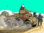  4boys 5boys armored_car autoblindo_41 blue_sky desert gun highres jerry_can machine_gun military_vehicle multiple_boys original sky tank_turret tow_hook vehicle_request weapon wheel yabarn 