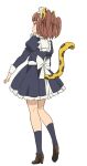  1girl animal_ears animal_print anime_coloring back black_socks brown_hair dress from_behind full_body high_heels isekai_maou_to_shoukan_shoujo_no_dorei_majutsu kaneko_shizue leopard_ears leopard_girl leopard_print leopard_tail long_sleeves maid_headdress mei_(isekai_maou) official_art open_hand shoes short_hair short_twintails simple_background smile socks solo standing tail tail_through_clothes transparent_background tsurime twintails 