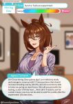  1girl absurdres aged_up agnes_tachyon_(umamusume) ahoge alternate_costume animal_ears blurry blurry_background breasts brown_hair cleavage collarbone english_commentary english_text hair_between_eyes hand_up highres horse_ears horse_girl indoors jewelry light_smile looking_at_viewer mature_female necklace open_mouth purple_nails red_eyes romulproduce shirt signature speech_bubble twitter_username umamusume user_interface 
