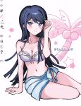  1girl arm_support bikini black_hair blue_eyes blush breasts cleavage collarbone danganronpa:_trigger_happy_havoc danganronpa_(series) frilled_bikini frills fuku_sa hair_ornament hairclip hand_up highres large_breasts long_hair maizono_sayaka navel palm_tree simple_background smile solo stomach swimsuit tree white_background 