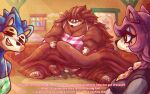 animal_crossing anthro belly big_belly black_nose blue_body blue_fur blush bodily_fluids breasts brown_body brown_fur cleavage clothed clothing domestic_cat english_text eulipotyphlan facesitting fat_arms fat_legs fat_rolls felid feline felis female flabby_arms flabby_legs fur group heart_eyes heart_symbol hedgehog hi_res huge_belly inside label_able larger_anthro larger_female mabel_able male male/female mammal morbidly_obese morbidly_obese_anthro morbidly_obese_female musk nintendo obese obese_anthro obese_female on_top overweight overweight_anthro overweight_female pawpads raymond_(animal_crossing) sable_able saltypantz sitting_on_another size_difference sweat sweatdrop text
