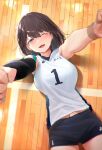  1girl absurdres black_shorts blue_eyes brown_hair highres looking_at_viewer lying on_back on_floor one_eye_closed open_mouth original short_hair shorts smile solo sportswear teeth upper_teeth vegetablenabe volleyball_uniform 
