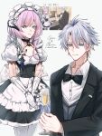  1boy 1girl ahoge alcohol apron black_bow black_dress black_vest blue_eyes bow breasts champagne champagne_flute cheddar_n cleavage color_connection company_connection cosplay cup cyrene_(honkai:_star_rail) dress drinking_glass elysia_(honkai_impact) elysia_(honkai_impact)_(cosplay) elysia_(miss_pink)_(honkai_impact) elysia_(miss_pink_elf)_(honkai_impact) fake_horns game_screenshot_inset gloves gold_tattoo hair_color_connection hashtag-only_commentary highres hino_satoshi holding holding_cup honkai:_star_rail honkai_(series) honkai_impact_3rd horns inoue_marina kevin_kaslana kevin_kaslana_(cosplay) maid maid_apron maid_headdress neck_tattoo official_alternate_costume phainon_(honkai:_star_rail) pink_hair shirt short_hair small_breasts tattoo thighhighs vest voice_actor_connection white_apron white_gloves white_hair white_shirt white_thighhighs yanning 