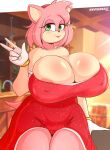  absurd_res amy_rose anthro areola areola_slip big_breasts breasts cleavage clothed clothing gesture hair hi_res huge_breasts pink_hair saasmimz sega sonic_the_hedgehog_(series) v_sign 