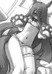  1girl absurdres animal_ears animal_hands bikini closed_mouth ear_tag flat_chest frilled_bikini_bottom gloves greyscale hair_between_eyes highres horse_ears horse_girl horse_tail lobsteranian long_hair long_hair_between_eyes looking_at_viewer manhattan_cafe_(umamusume) micro_bikini monochrome navel paw_gloves sketch solo swimsuit tail umamusume virtual_youtuber 