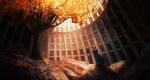  abandoned animal autumn_leaves black_cat building cat chinese_commentary commentary_request day highres leaf original overgrown ruins scenery sunlight tree zaq_(pgvc4472) 