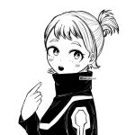  1girl :o artist_name bangs bk_n_wh boku_no_hero_academia from_side greyscale hand_up highres monochrome official_alternate_hairstyle open_mouth pointing pointing_at_self short_hair short_ponytail sidelocks solo u.a._gym_uniform upper_body uraraka_ochako 