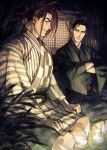  2boys architecture bara black_hair black_kimono copyright_request crossed_arms east_asian_architecture fate/grand_order fate_(series) highres japanese_clothes kimono multiple_boys muscular muscular_male onsen print_kimono red_eyes red_hair renga2250 sharp_teeth smile takechi_zuizan_(fate) tanaka_shinbei_(fate) teeth white_kimono yaoi yukata 