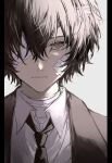  1boy bandage_over_one_eye bandages bishounen black_hair black_necktie brown_eyes bungou_stray_dogs closed_mouth dazai_osamu_(bungou_stray_dogs) formal hair_between_eyes male_focus necktie nozz177 serious shirt short_hair simple_background solo suit upper_body white_background white_shirt 