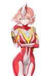  1girl absurdres arm_guards arm_under_breasts blush bodysuit breasts chinese_commentary color_timer commentary contrapposto covered_navel cowboy_shot dorsal_fin floating_hair genderswap genderswap_(mtf) gloves gold_trim hair_between_eyes hand_on_own_shoulder headgear highres humanization knight_brace legs_together lipstick long_hair_between_eyes looking_at_viewer makeup mebius_brace medium_breasts multicolored_bodysuit parted_lips pink_hair red_bodysuit red_gloves red_lips short_hair silver_bodysuit simple_background skin_tight smile solo tokusatsu ultra_series ultraman_mebius ultraman_mebius_(mebius_brave) ultraman_mebius_(series) white_background wide_hips yellow_eyes yi_(user_jwth4284) 