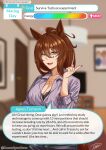  1girl absurdres aged_up agnes_tachyon_(umamusume) ahoge alternate_costume animal_ears black_bra blurry blurry_background bra breasts brown_hair cleavage collarbone english_commentary english_text hair_between_eyes hand_up highres horse_ears horse_girl indoors jewelry light_smile looking_at_viewer mature_female necklace open_mouth purple_nails red_eyes romulproduce shirt signature speech_bubble twitter_username umamusume underwear user_interface 