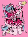  1girl :3 black_mouth blue_eyes blue_hair boots bow bowtie bright_pupils double-parted_bangs earrings elbow_gloves frilled_skirt frilled_sleeves frills full-leg_boots full_body gloves hair_between_eyes hair_bow hair_intakes hands_up hashtag-only_commentary hatsune_miku highres holding holding_scepter ima_sugu_rinne_(vocaloid) jewelry leaning_back long_hair looking_at_viewer lower_teeth_only open_mouth petticoat pink_background pink_bow pink_skirt poa_poa05 puffy_short_sleeves puffy_sleeves scepter shirt short_sleeves simple_background skirt solo sparkle star-shaped_pupils star_(symbol) striped_bow symbol-shaped_pupils teeth twintails two-tone_bow two-tone_bowtie very_long_hair vocaloid white_boots white_bow white_gloves white_shirt yellow_pupils 