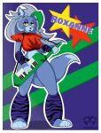 animatronic anthro armwear barefoot belt big_breasts black_nose blue_body blue_fur border bracelet breasts canid canine canis cheek_tuft clothed clothing collar colored_nails dipstick_tail ear_piercing facial_markings facial_tuft feet female five_nights_at_freddy&#039;s five_nights_at_freddy&#039;s:_security_breach front_view fur green_highlights green_nails grey_hair hair head_markings hi_res highlights_(coloring) holding_keytar holding_musical_instrument holding_object jewelry legwear lipstick long_hair machine makeup mammal markings musical_instrument nails nipple_outline pattern_armwear pattern_clothing pattern_legwear piercing purple_armwear purple_background purple_body purple_clothing purple_fur purple_legwear purple_lipstick red_clothing red_topwear robot roxanne_wolf scottgames shoulder_pads simple_background solo steel_wool_studios striped_armwear striped_clothing striped_legwear stripes studded_belt studded_bracelet studded_collar studded_jewelry studs tail tail_markings text thick_thighs topwear tuft white_border wide_hips wolf yellow_eyes zhenai