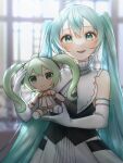  1girl absurdres after0217 ahoge aqua_eyes aqua_hair blush dress elbow_gloves gloves gramophone_miku hair_between_eyes hatsune_miku highres holding holding_stuffed_toy long_hair looking_at_viewer miku_symphony_(vocaloid) official_alternate_costume official_alternate_hairstyle open_mouth signature sleeveless sleeveless_dress smile stuffed_toy twintails very_long_hair vocaloid white_dress white_gloves 