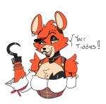 animatronic anthro arm_tuft black_lipstick black_nose bracelet breasts canid canine cheek_tuft choker clothed clothing crossgender dialogue ear_piercing ear_ring eyelashes facial_tuft female five_nights_at_freddy&#039;s fox foxy_(fnaf) fur head_tuft hook hook_hand jewelry lipstick looking_at_viewer machine makeup mammal necklace open_mouth open_smile orange_body orange_fur piercing ring_piercing robot scottgames shoulder_tuft simple_background smile solo talking_to_viewer tan_body tan_fur text topwear tuft white_background white_clothing white_topwear yellow_eyes zhenai