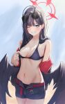  1girl belt bikini bikini_under_shorts black_bikini black_hair black_jacket black_shorts black_wings blue_archive blue_eyes breasts cross_halo eyewear_on_head feathered_wings fujiwara_haru_(nekonote) halo highres ichika_(blue_archive) ichika_(swimsuit)_(blue_archive) jacket long_hair looking_at_viewer low_wings medium_breasts navel o-ring o-ring_bikini o-ring_top official_alternate_costume one_eye_closed open_clothes open_shorts red_belt red_halo shorts smile solo sunglasses swimsuit wings 