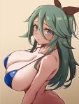  1girl alternate_breast_size aqua_hair ass bikini black_ribbon blue_bikini blue_eyes breasts cleavage closed_mouth groin hair_ribbon kantai_collection large_breasts looking_at_viewer micro_bikini ribbon solo swimsuit upper_body yamakaze_(kancolle) yuki_to_hana 