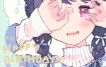  1girl black_hair blush braid close-up fang fukumaru_koito hair_ribbon hands_up happy_birthday idolmaster idolmaster_shiny_colors looking_at_viewer low_twin_braids mameyanagi nail_polish purple_eyes purple_nails ribbon skin_fang solo sweater turtleneck turtleneck_sweater twin_braids 