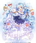  1other animal_ears aqua_hair bare_shoulders blue_eyes blush candy clothes_lift cup detached_collar dress dress_lift fevri flat_chest food frilled_dress frills hatsune_miku highres holding holding_staff lifting_own_clothes long_hair long_sleeves looking_at_viewer official_alternate_costume official_alternate_hairstyle open_mouth princess puffy_long_sleeves puffy_sleeves rabbit_ears rabbit_yukine smile staff standing standing_on_one_leg strapless strapless_dress tart_(food) teacup teapot thighhighs twintails very_long_hair vocaloid white_thighhighs yuki_miku yuki_miku_(2019) 