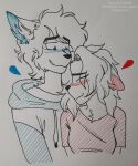  absurd_res anthro blue_body blue_fur blush clothing duo female fur hair hi_res hoodie lemonpuff male male/female red_body red_fur romantic romantic_couple shirt smile t-shirt topwear traditional_media_(artwork) 