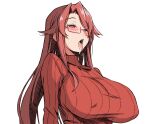  1girl aty_(summon_night) batta_16-sei blush breasts covered_nipples curtained_hair drooling empty_eyes glasses highres large_breasts long_hair long_sidelocks no_pupils open_mouth pink_eyes raised_eyebrows red-framed_eyewear red_hair red_sweater ribbed_sweater saliva semi-rimless_eyewear sidelocks simple_background solo summon_night sweater tongue tongue_out turtleneck turtleneck_sweater under-rim_eyewear upper_body white_background 