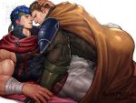  2boys absurdres alternate_muscle_size armor artist_name bara blue_eyes blue_hair brown_hair bulge cape commentary commission english_commentary father_and_son fire_emblem fire_emblem:_path_of_radiance fire_emblem:_radiant_dawn gloves green_headband greil hand_on_another&#039;s_head headband highres ike_(fire_emblem) impossible_clothes incest multiple_boys muscular muscular_male pauldrons short_hair shoulder_armor simple_background single_pauldron time_paradox variant_set veins waiwai_mura watermark yaoi 